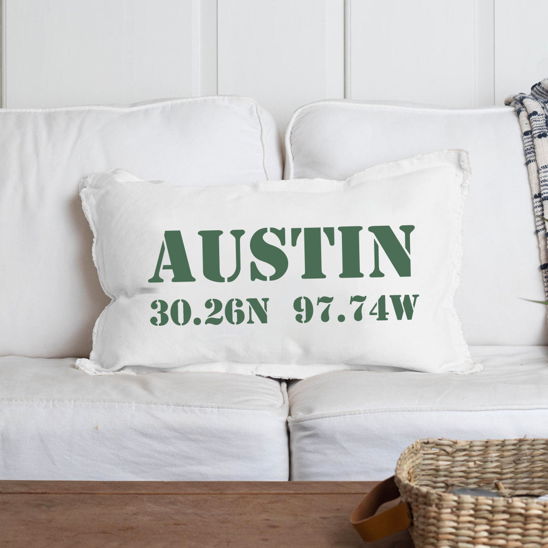 Your Word + Coordinates Stencil Personalized Lumbar Pillow