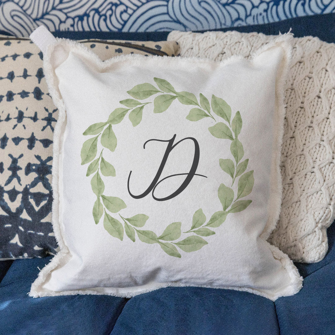 Greenery Laurel Initial Personalized Square Pillow