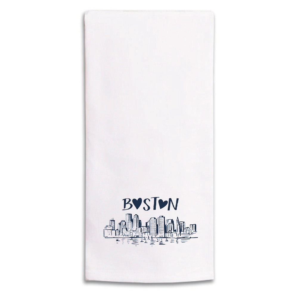 Navy Boston Heart Skyline Tea Towel