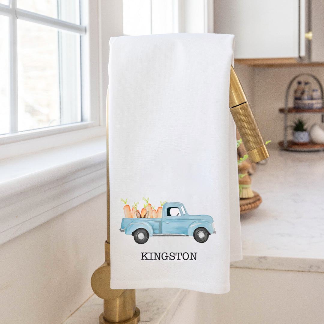 Easter Bunny Truck Personalized Tea Towel