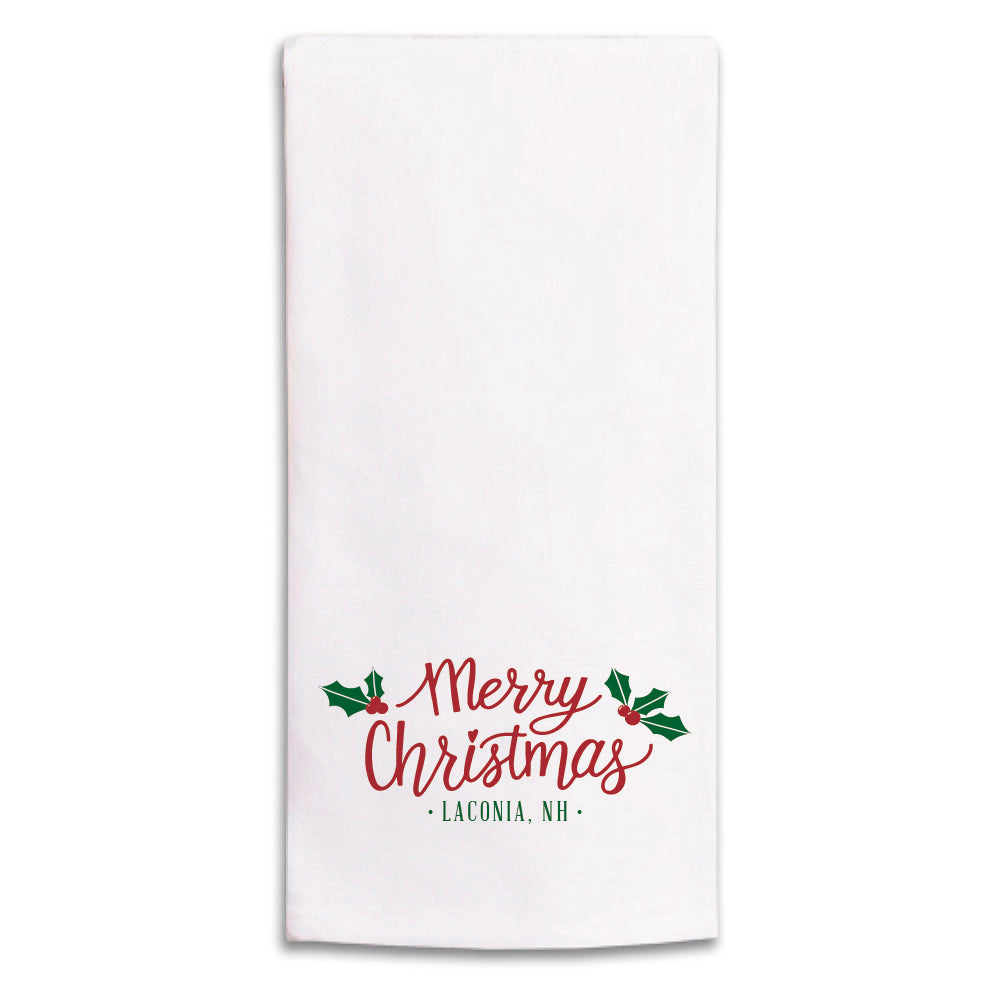 Merry Christmas Holly Personalized Tea Towel