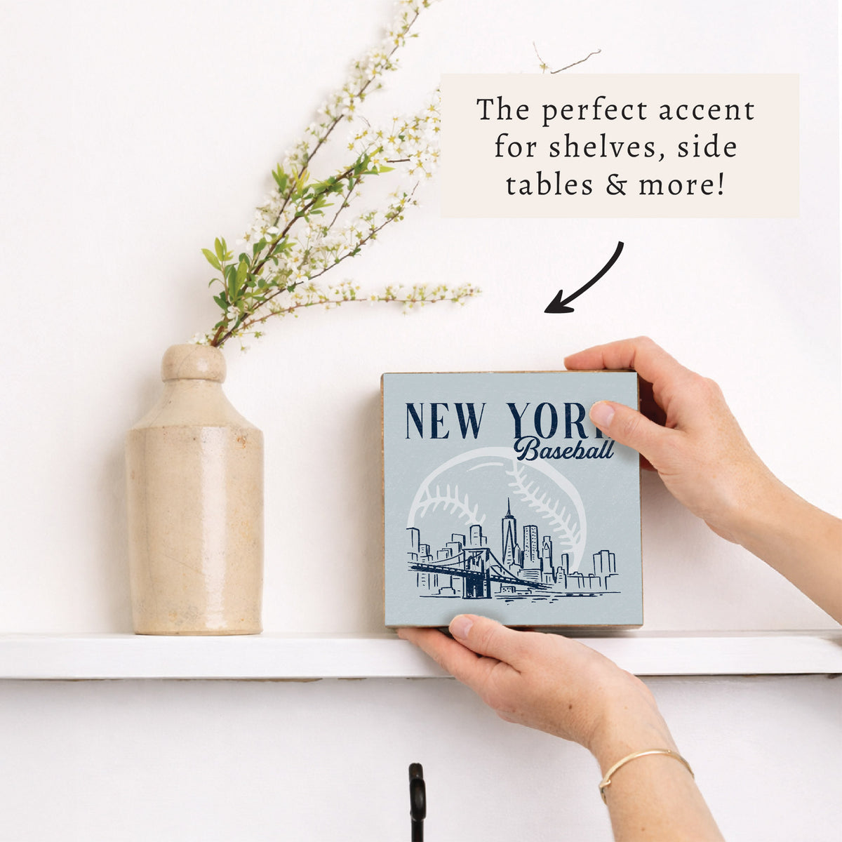 New York Baseball Skyline Wooden Block