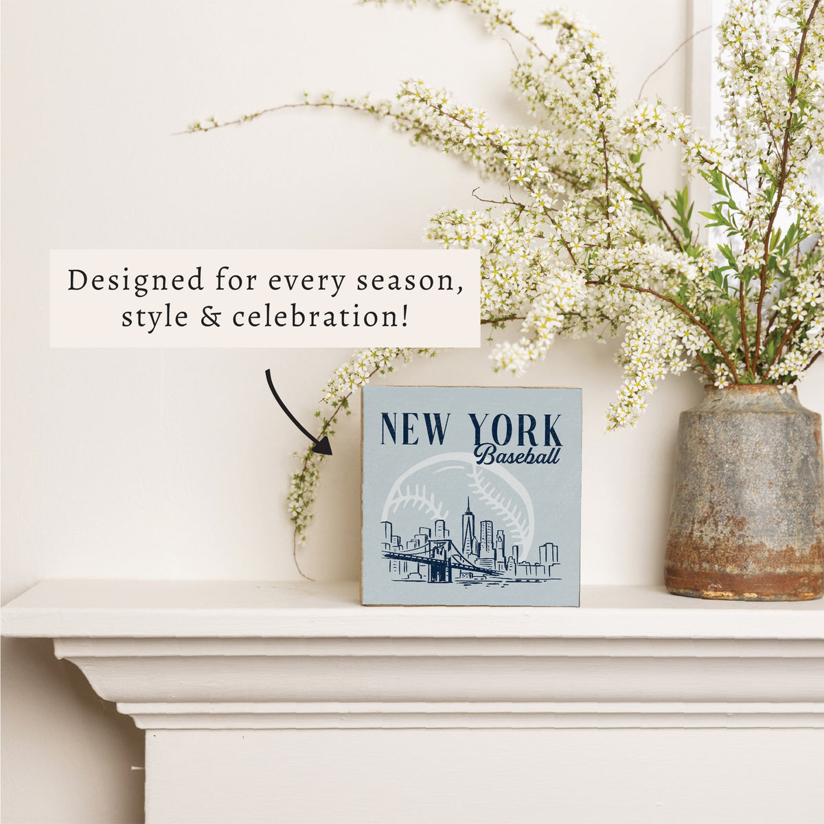 New York Baseball Skyline Wooden Block
