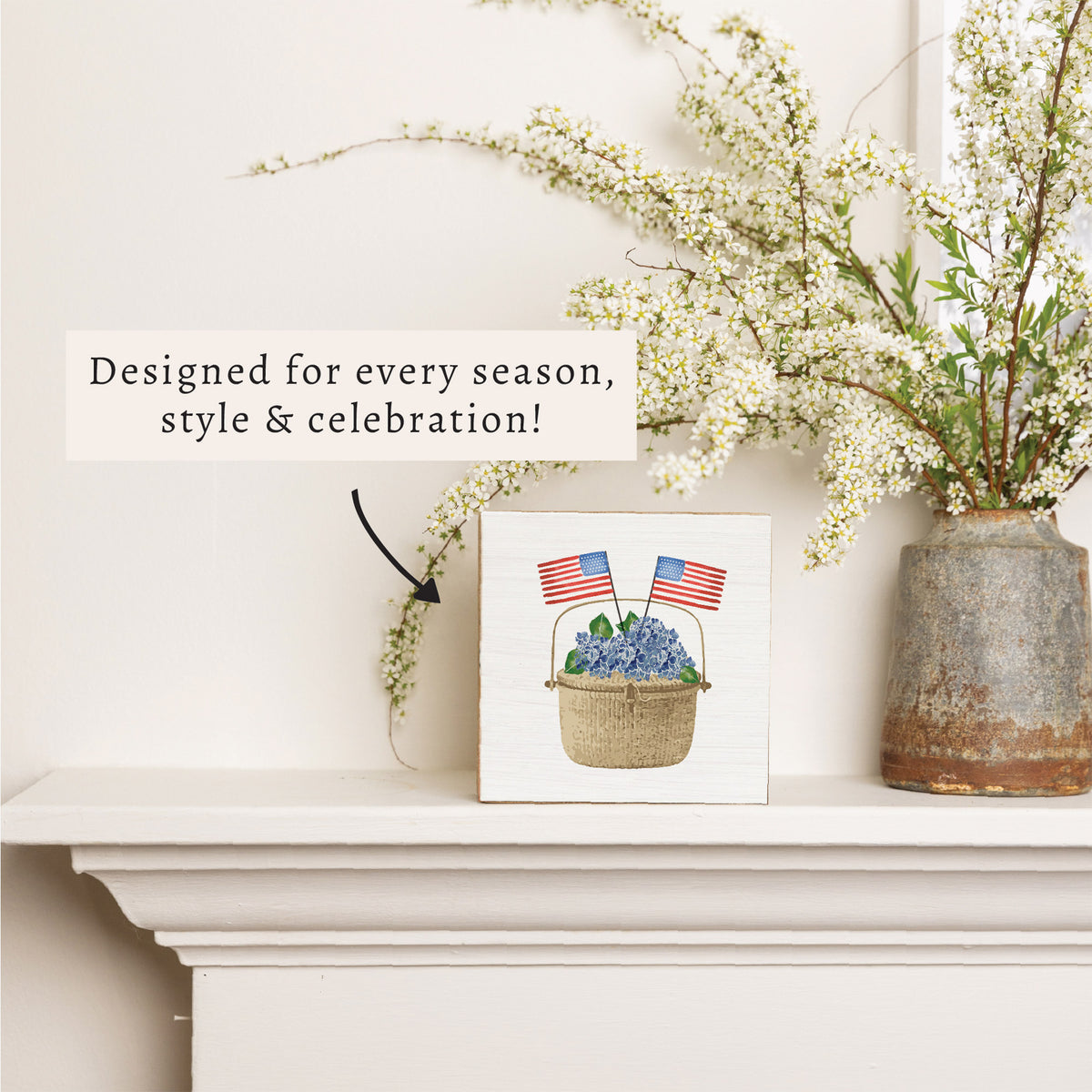 Hydrangea USA Flag Basket Block Sign