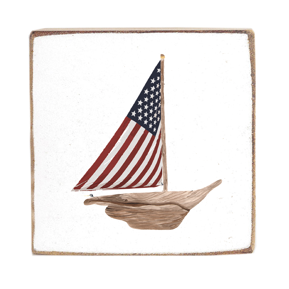 Flag Sailboat Rustic Marlin Square Block Sign
