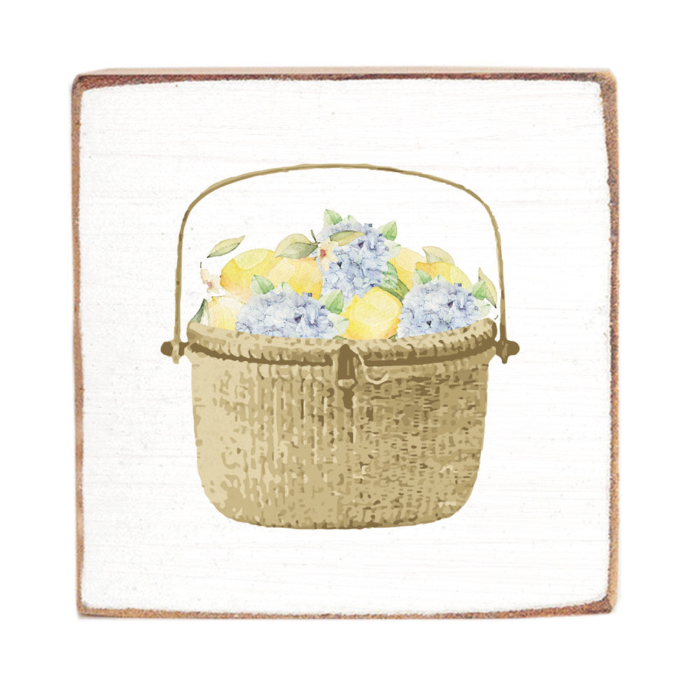 Lemon Hydrangea Basket Wood Block