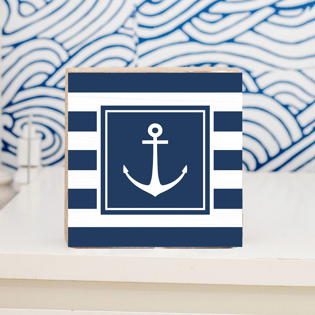 Navy Anchor Stripes Square Block Sign