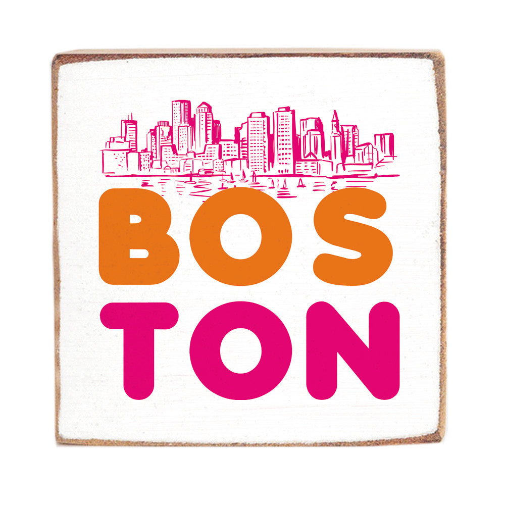 Boston Orange and Pink Skyline Block Sign
