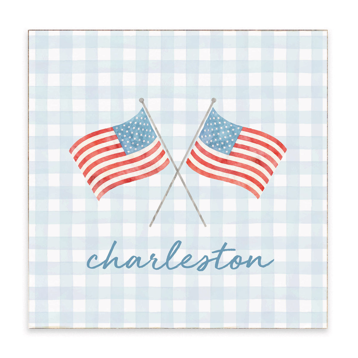 American Flags Crossed Gingham Personalized Block Sign
