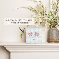 American Flags Crossed Gingham Personalized Block Sign