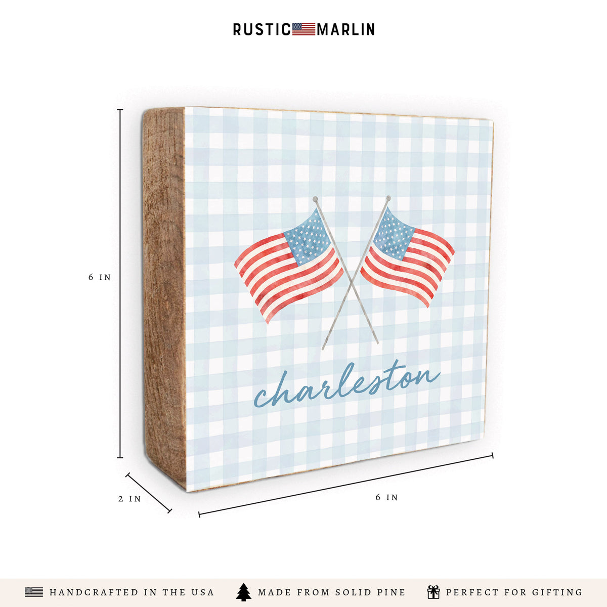 American Flags Crossed Gingham Personalized Block Sign