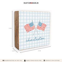 American Flags Crossed Gingham Personalized Block Sign
