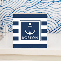 Navy Anchor Stripes Personalized Square Block Sign