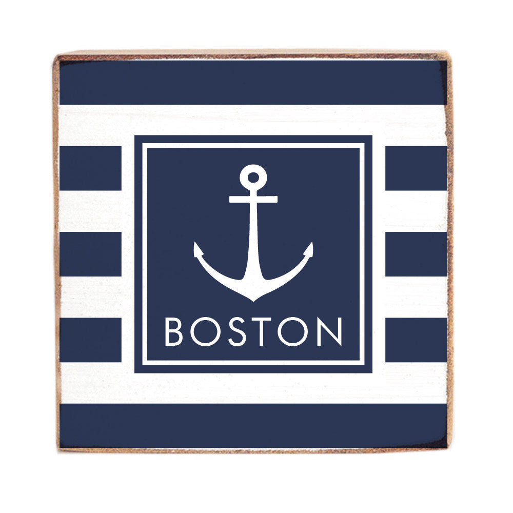 Navy Anchor Stripes Personalized Square Block Sign