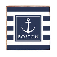 Navy Anchor Stripes Personalized Square Block Sign