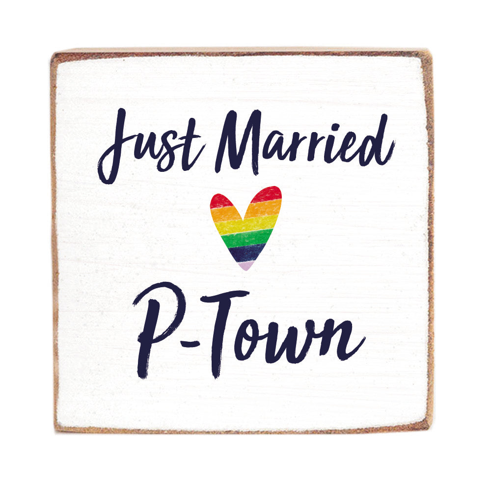 Just Married Rainbow Heart Personalized Block Sign