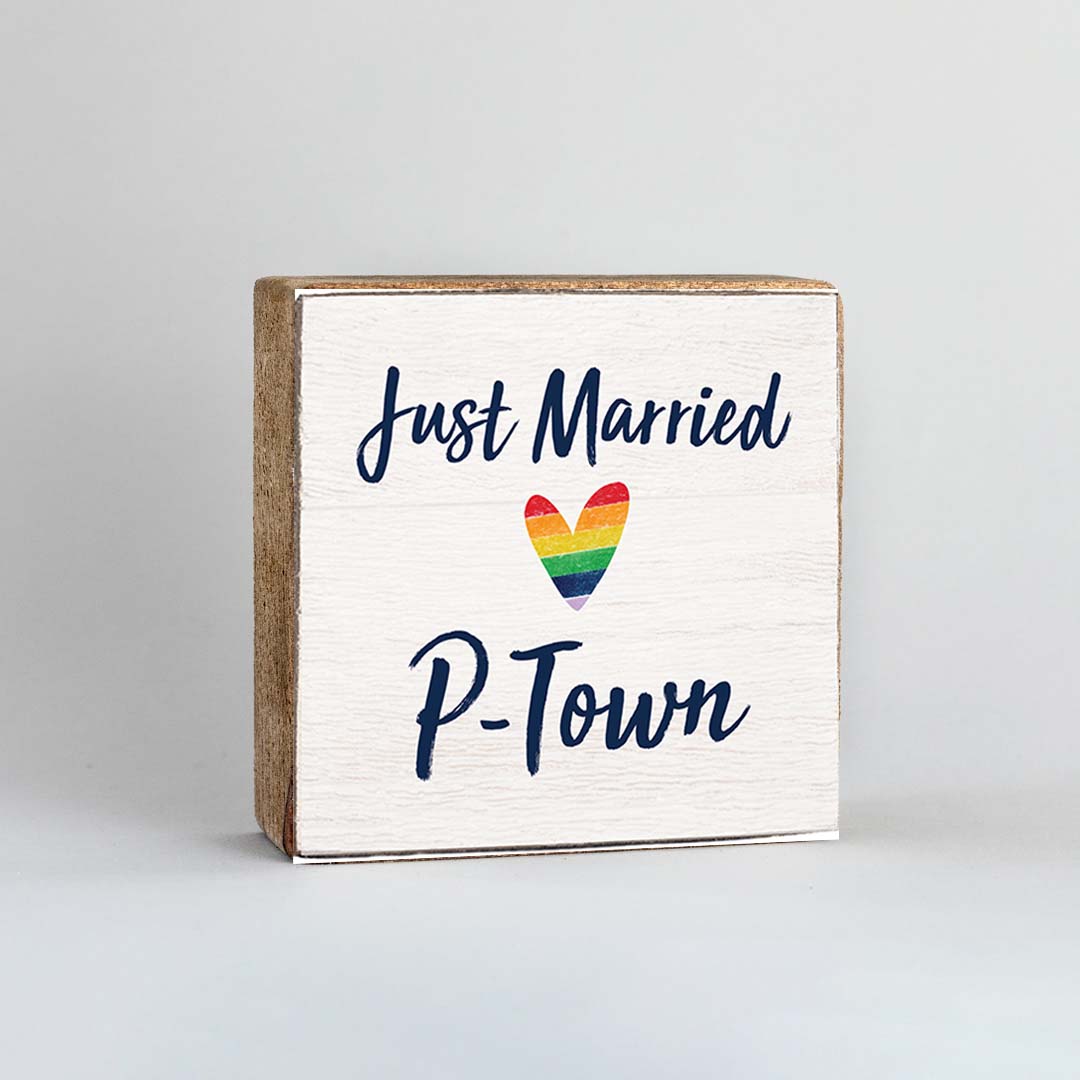 Just Married Rainbow Heart Personalized Block Sign