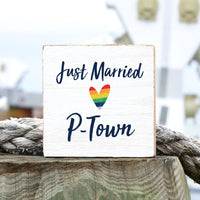 Just Married Rainbow Heart Personalized Block Sign