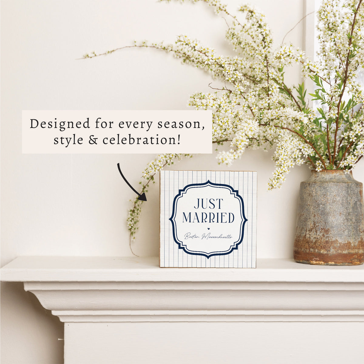 Just Married White/Navy Personalized Block Sign