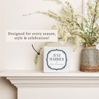 Just Married White/Navy Personalized Block Sign