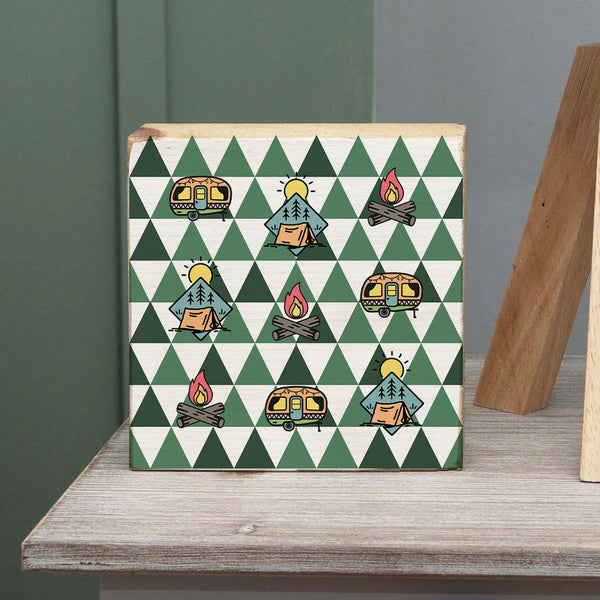 Modern Green Mountain Camping Icons Wood Block