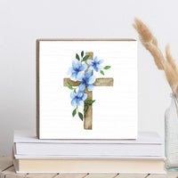 Morning Glory Floral Cross Decorative Square Block Sign