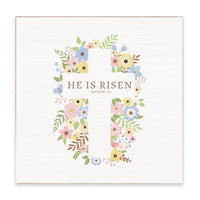 He Is Risen Floral Cross Block Sign