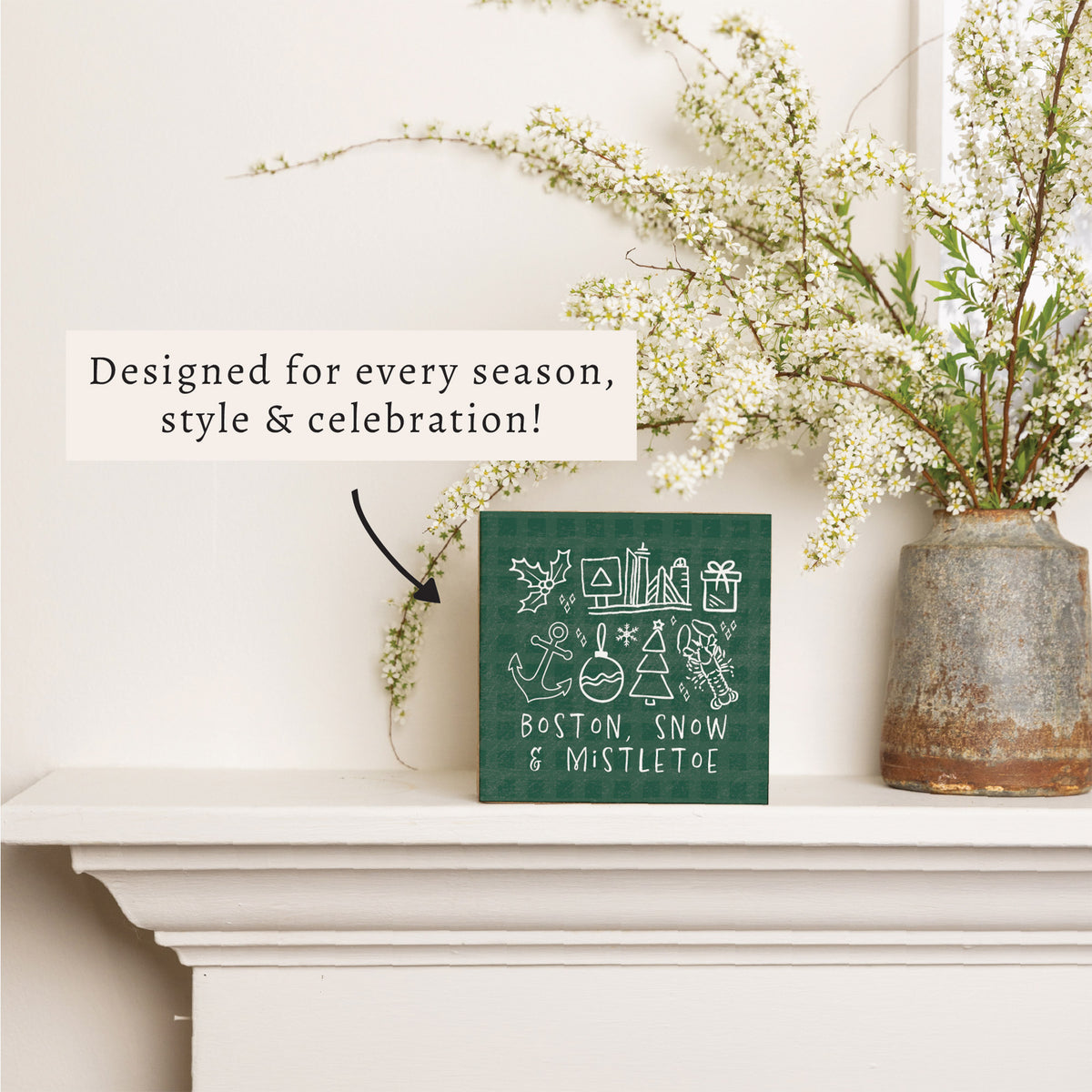 Boston Snow And Mistletoe Block Sign