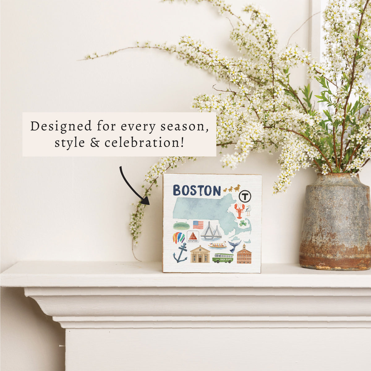 Boston Massachusetts State Icons Block Sign