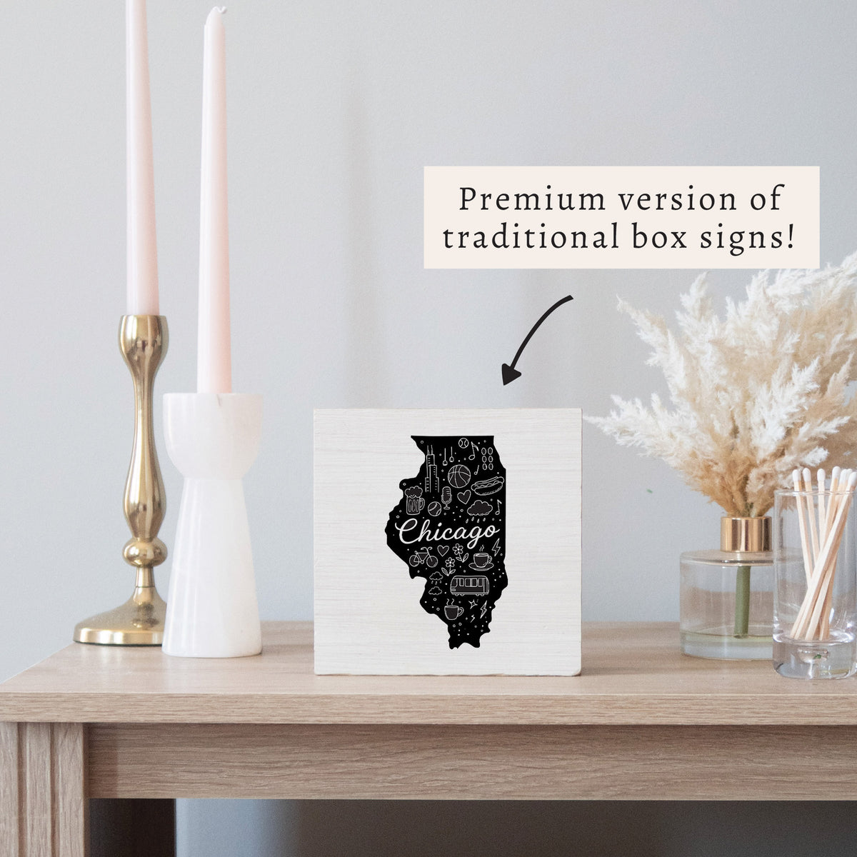 Chicago, Illinois State Line Art Block Sign