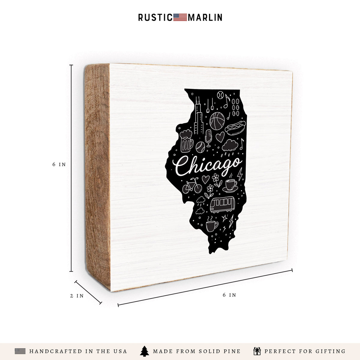 Chicago, Illinois State Line Art Block Sign