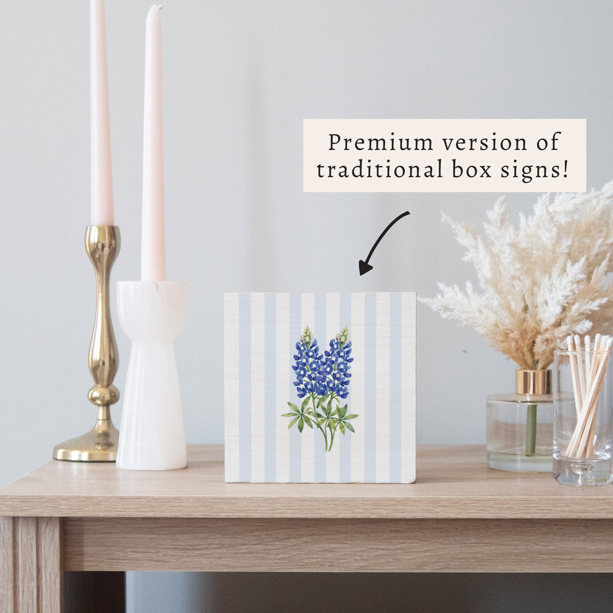 Texas Bluebonnet Stripe Flower Print Block Sign