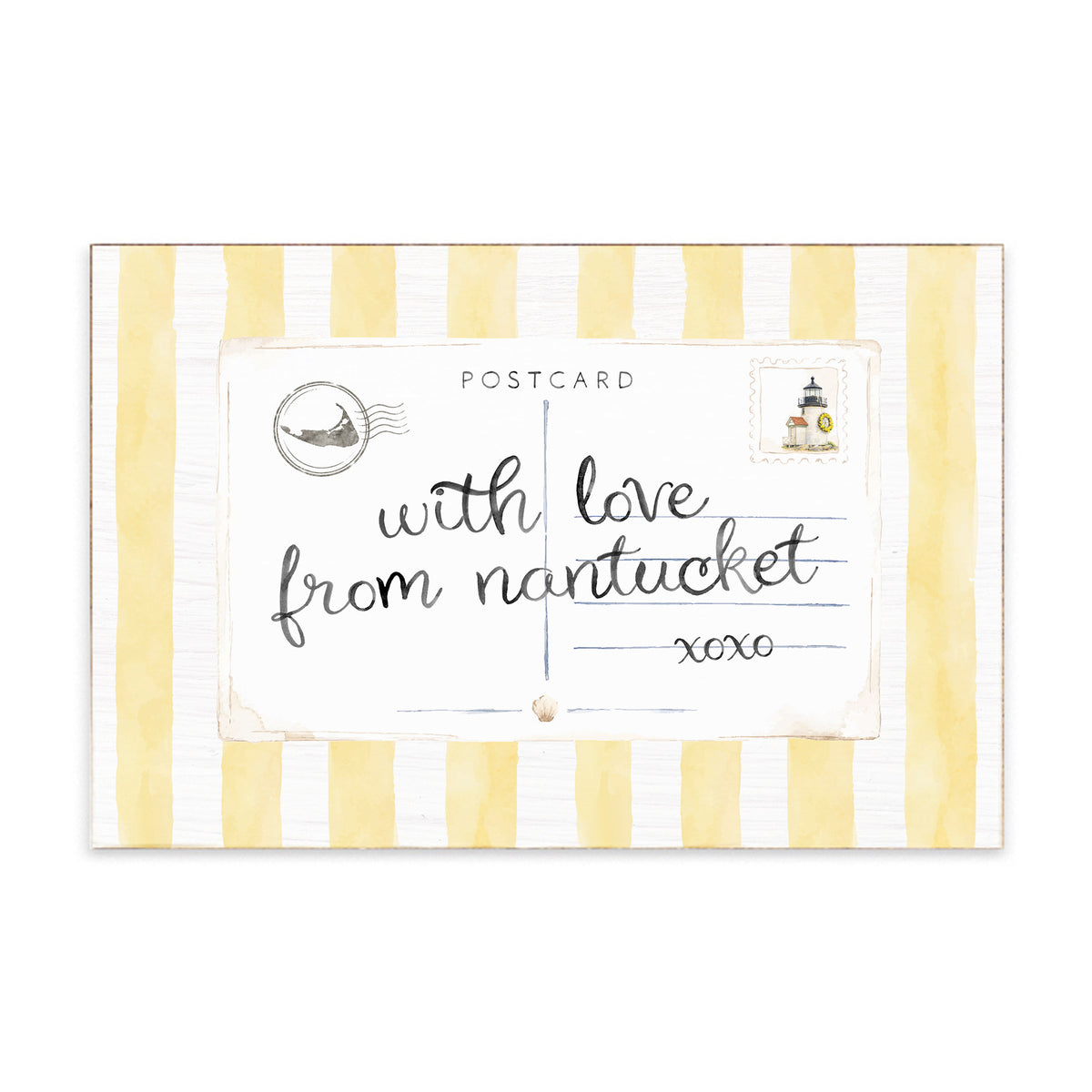 Nantucket Postcard Yellow Stripe Wooden Block Sign