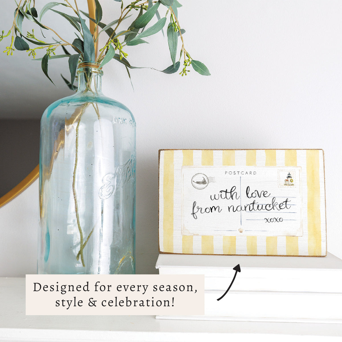 Nantucket Postcard Yellow Stripe Wooden Block Sign