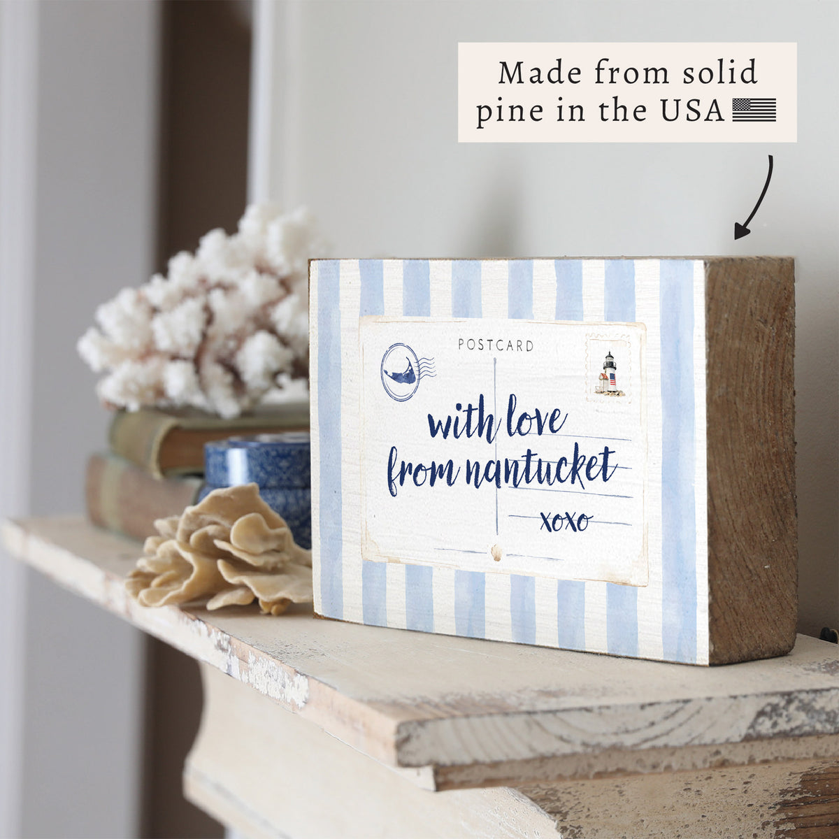Nantucket Postcard Blue Stripe Block Sign
