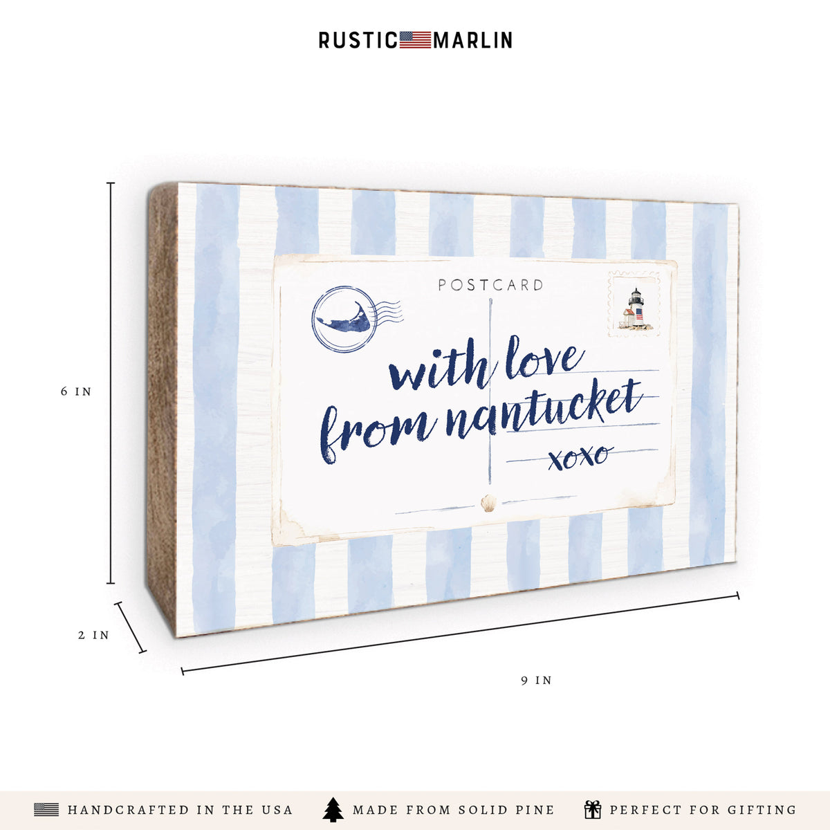 Nantucket Postcard Blue Stripe Block Sign