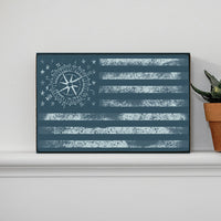 Weathered Navy Compass Flag Wood Block