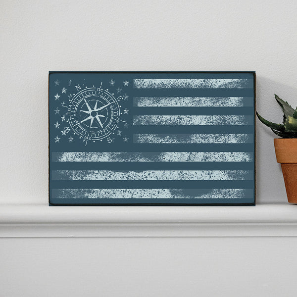 Weathered Navy Compass Flag Wood Block