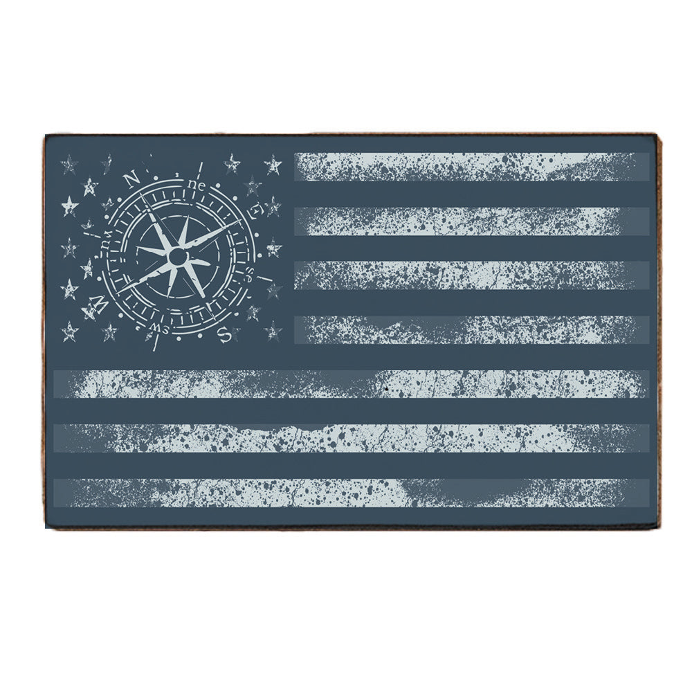 Weathered Navy Compass Flag Wood Block