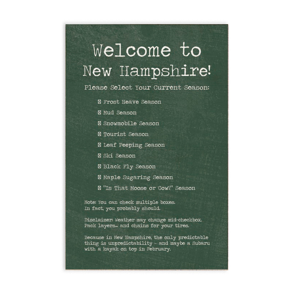 New Hampshire Seasons Block Sign