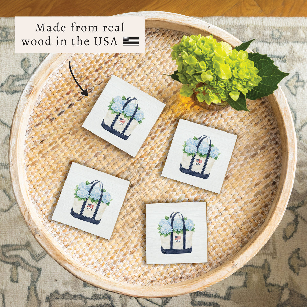 Hydrangea Ack Flag Boat Tote Coaster Set