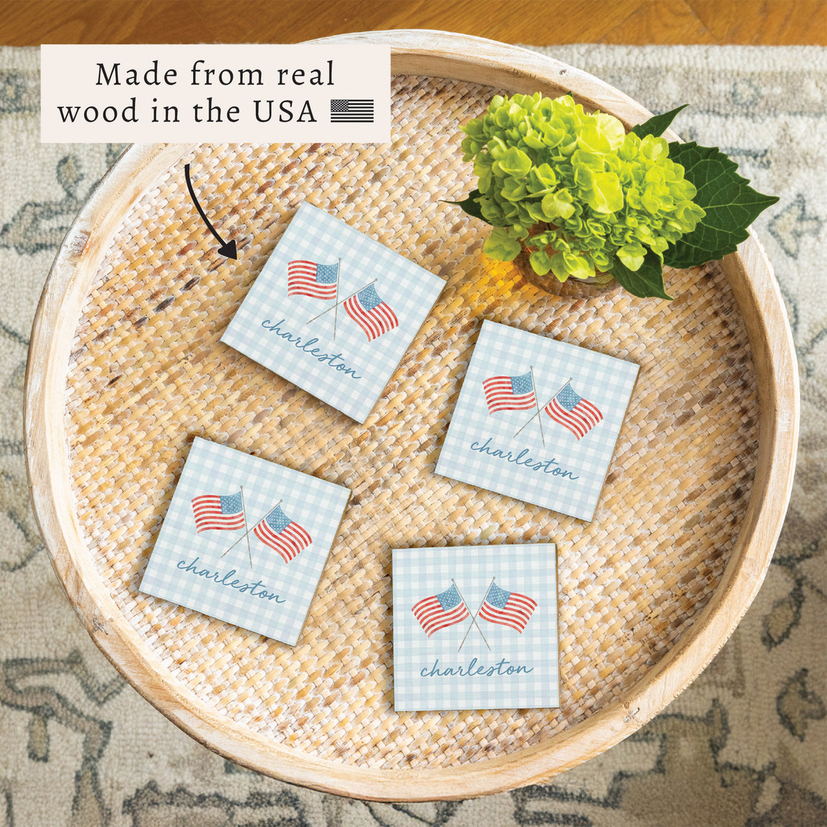 American Flags Gingham Personalized Coaster Set