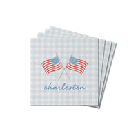 American Flags Crossed Gingham Personalized Coaster Set