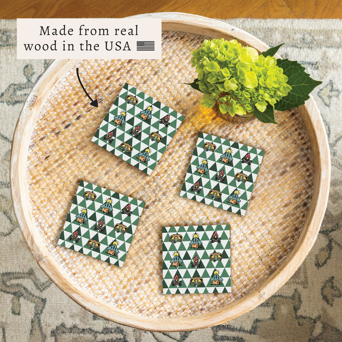 Modern Green Mountain Camping Icons Coaster Set