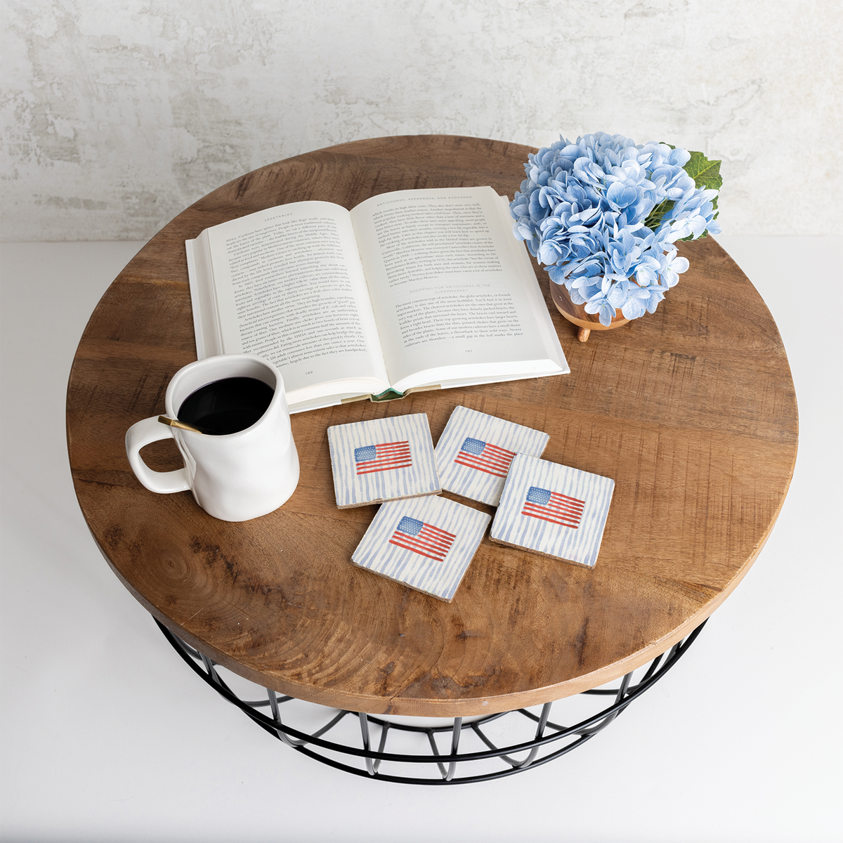 Watercolor American Flag Rustic Marlin Coaster Set