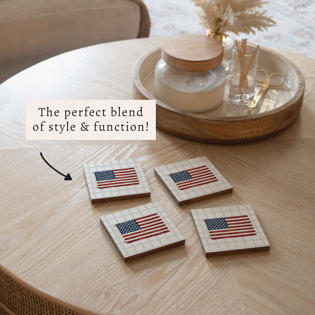 American Flag Blue Plaid Coaster Set