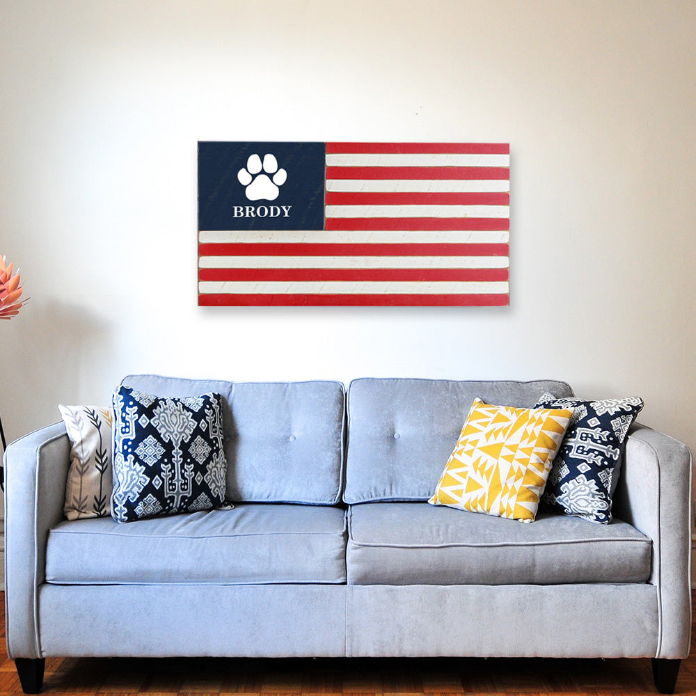 Paw Print Wooden Personalized American Flag