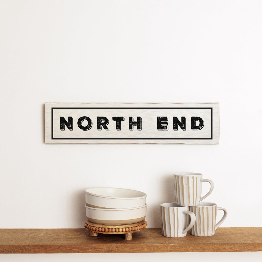 North End White and Black Barnwood Sign