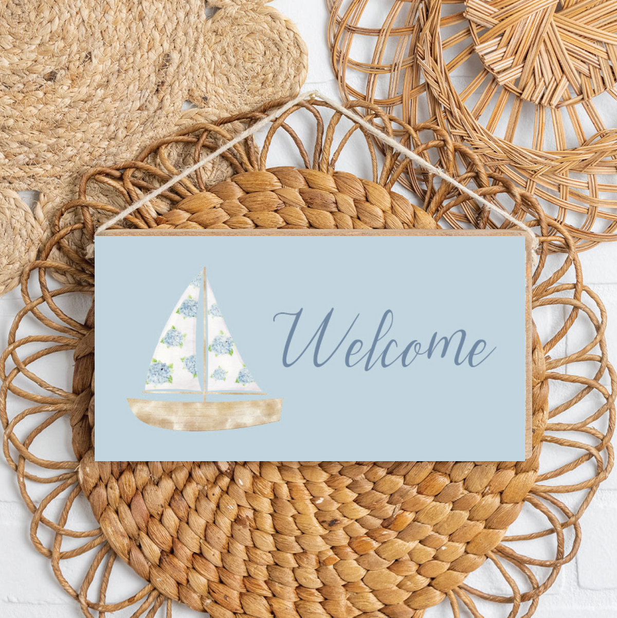 Welcome Hydrangea Sailboat Twine Sign