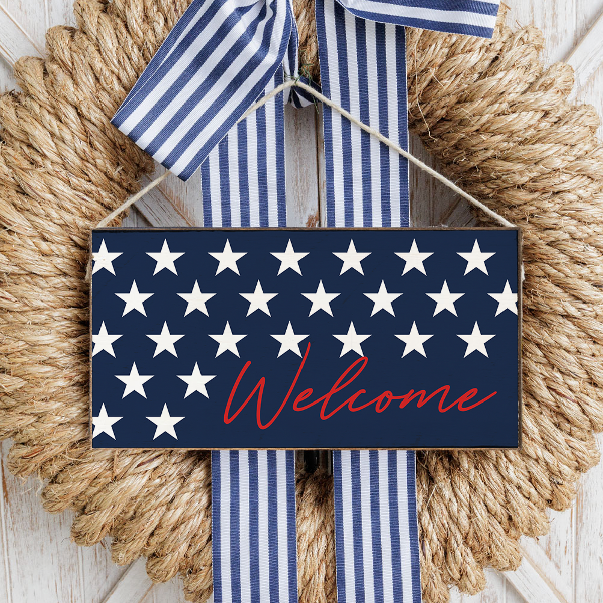 Red, White and Navy Star Welcome Twine Sign